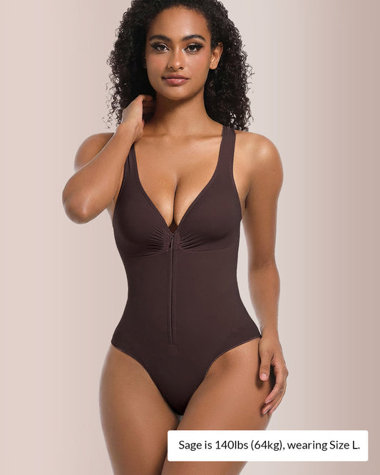 WILLLUXE® Seamless Sculpt Front-Zip Plunge Bodysuit