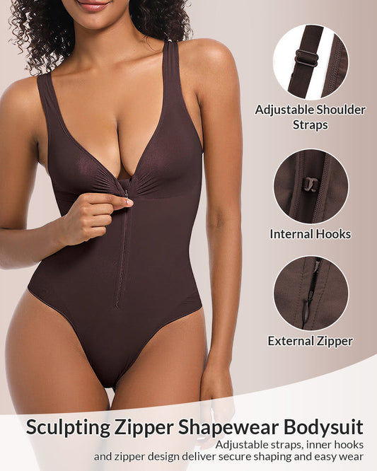 WILLLUXE® Seamless Sculpt Front-Zip Plunge Bodysuit