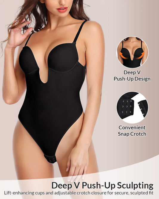 WILLLUXE® Deep Plunge Backless Thong Bodysuit Shapewear