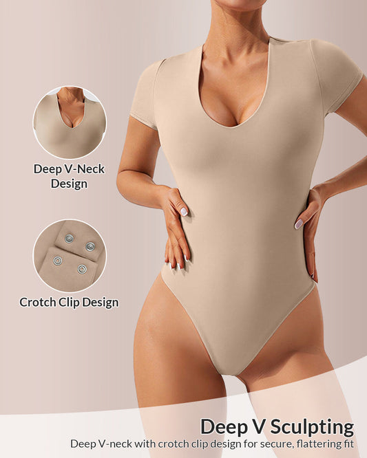 WILLLUXE® Seamless Deep-V Short Sleeve Bodysuit
