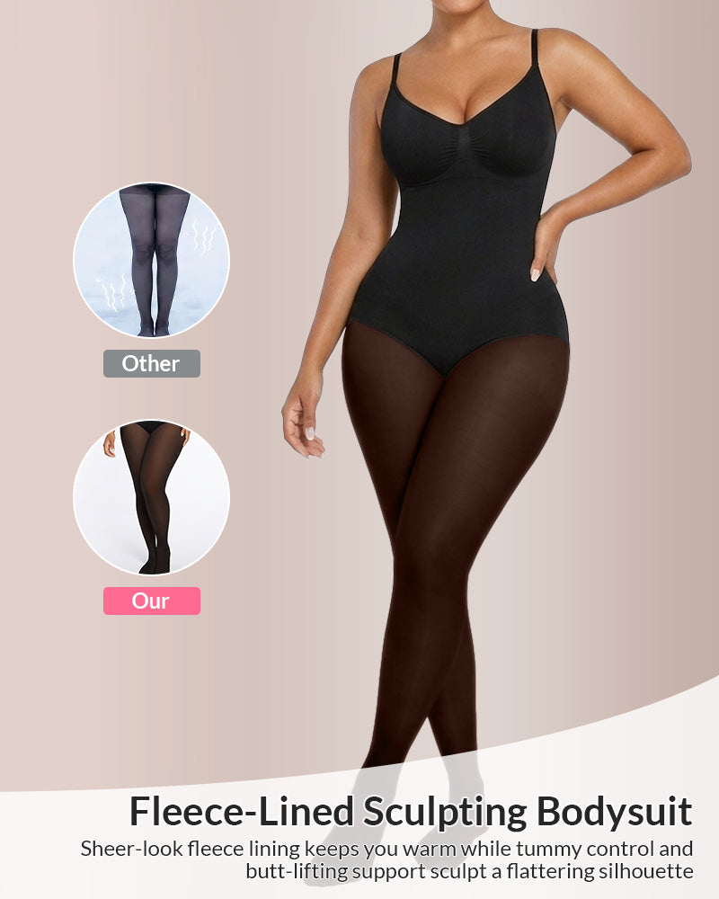 Willluxe® Sheer Illusion Tights & Tummy Control Fleece-Lined Bodysuit