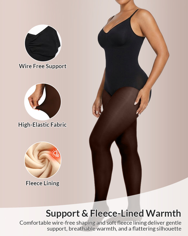 Willluxe® Sheer Illusion Tights & Tummy Control Fleece-Lined Bodysuit