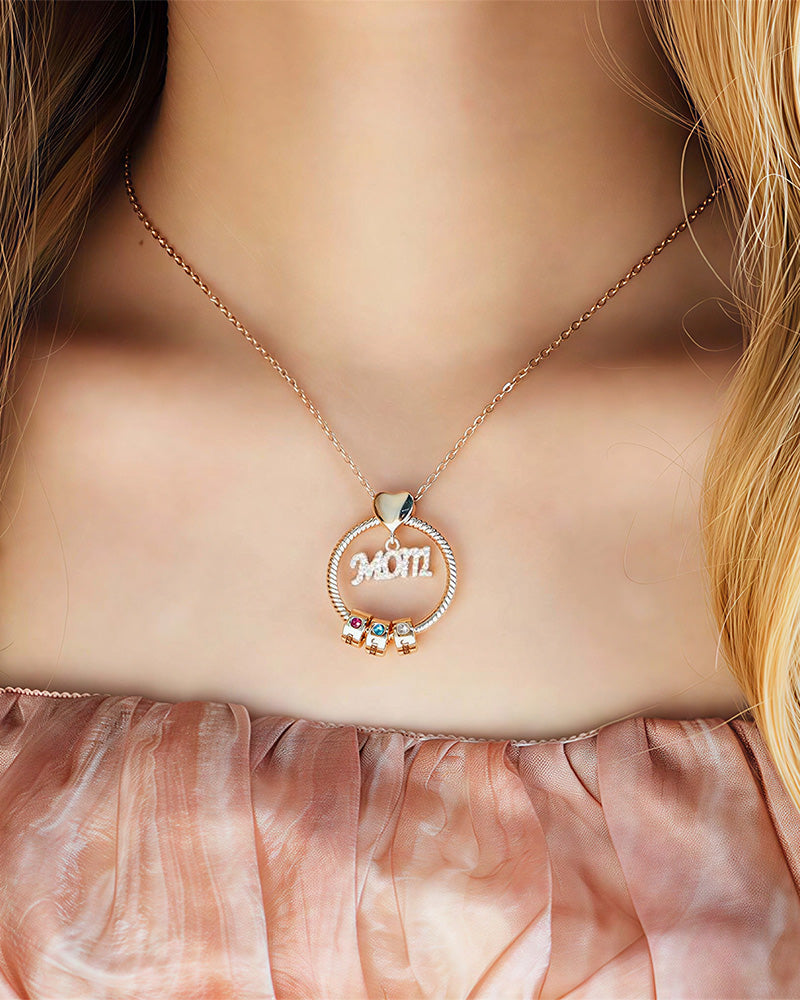 WILLLUXE® Personalized 'MOM' Hoop Necklace with Custom Name Beads & Birthstones