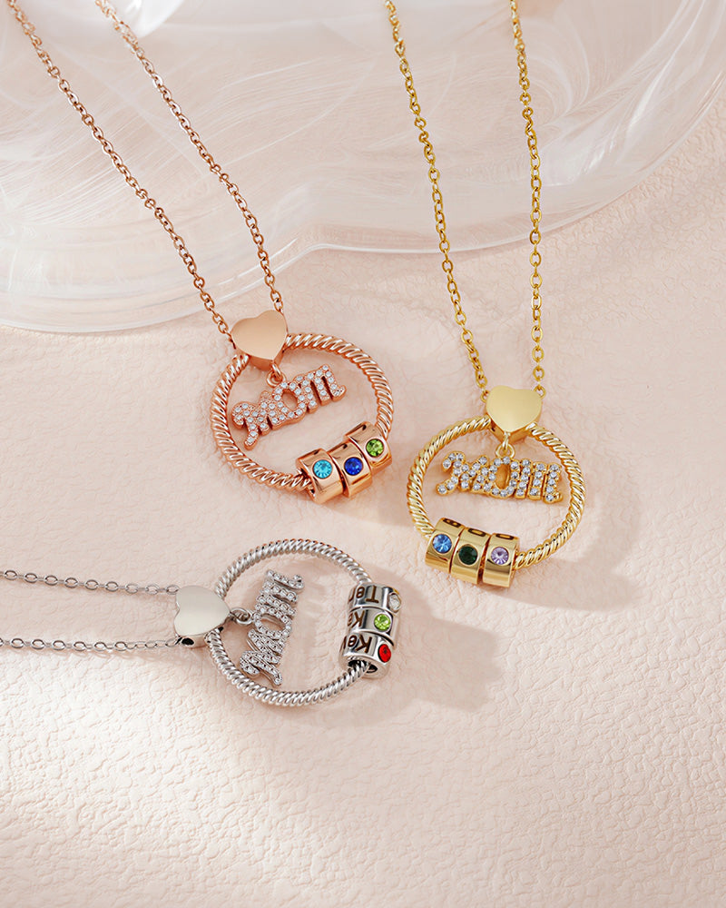WILLLUXE® Personalized 'MOM' Hoop Necklace with Custom Name Beads & Birthstones