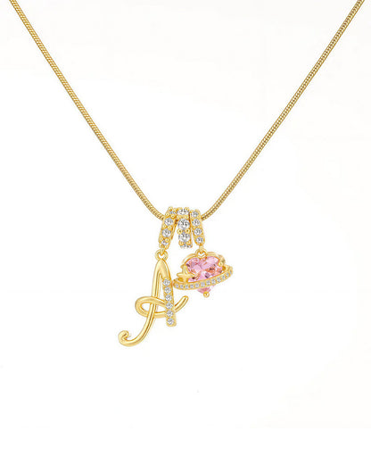 WILLLUXE® Personalized Initial Necklace with Pink Heart Planet Pendant