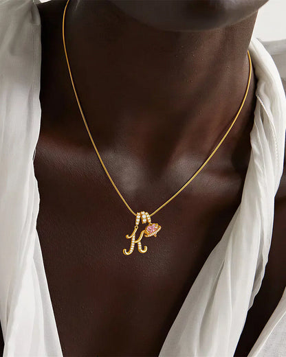 WILLLUXE® Personalized Initial Necklace with Pink Heart Planet Pendant