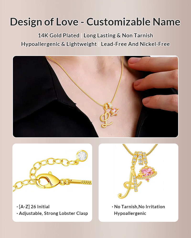 WILLLUXE® Personalized Initial Necklace with Pink Heart Planet Pendant