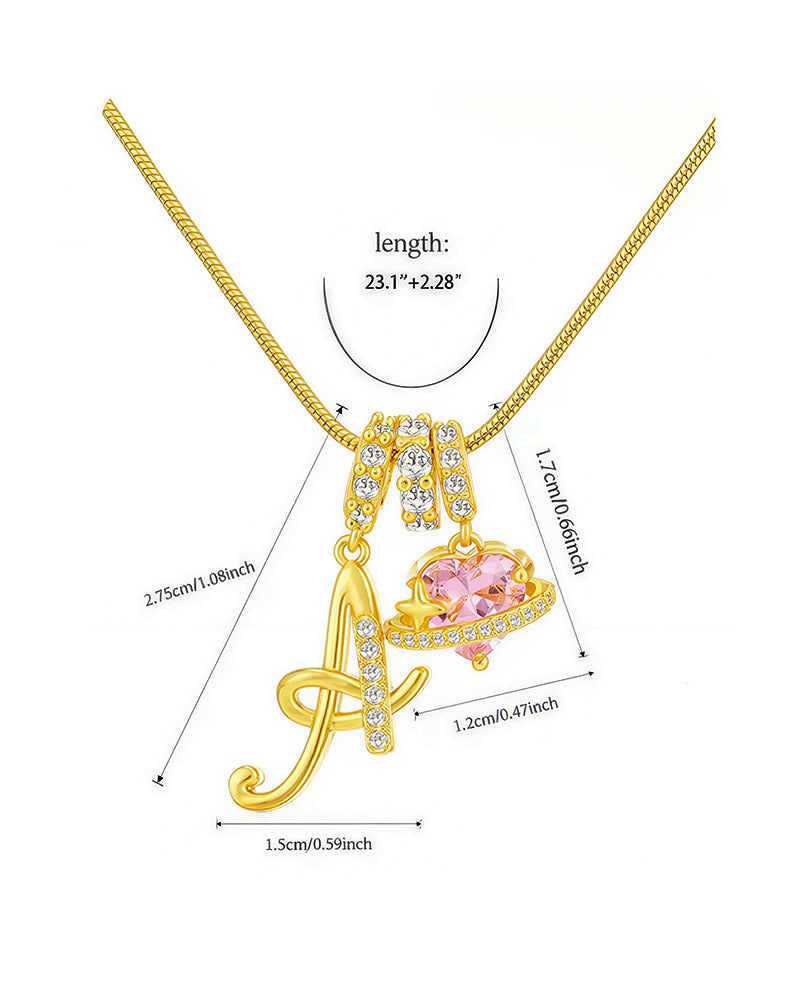 WILLLUXE® Personalized Initial Necklace with Pink Heart Planet Pendant