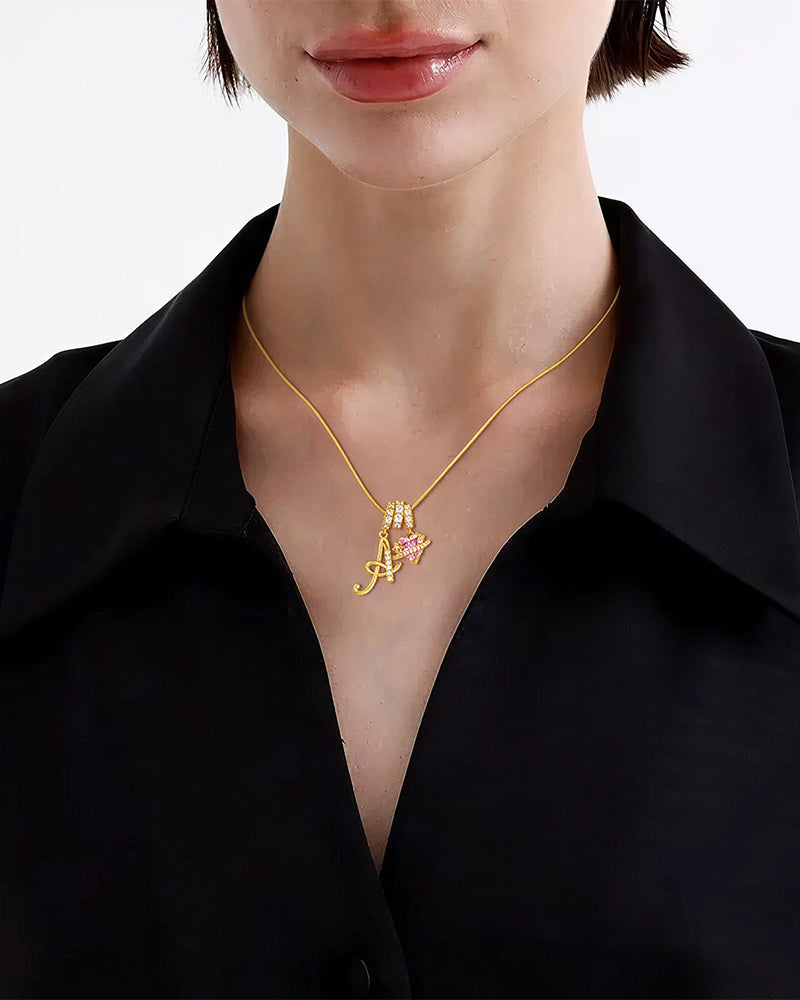WILLLUXE® Personalized Initial Necklace with Pink Heart Planet Pendant