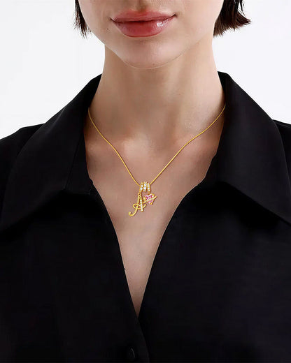 WILLLUXE® Personalized Initial Necklace with Pink Heart Planet Pendant