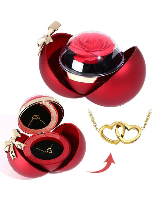 WILLLUXE® Round Rose Box - With Engraved Double Heart Necklace
