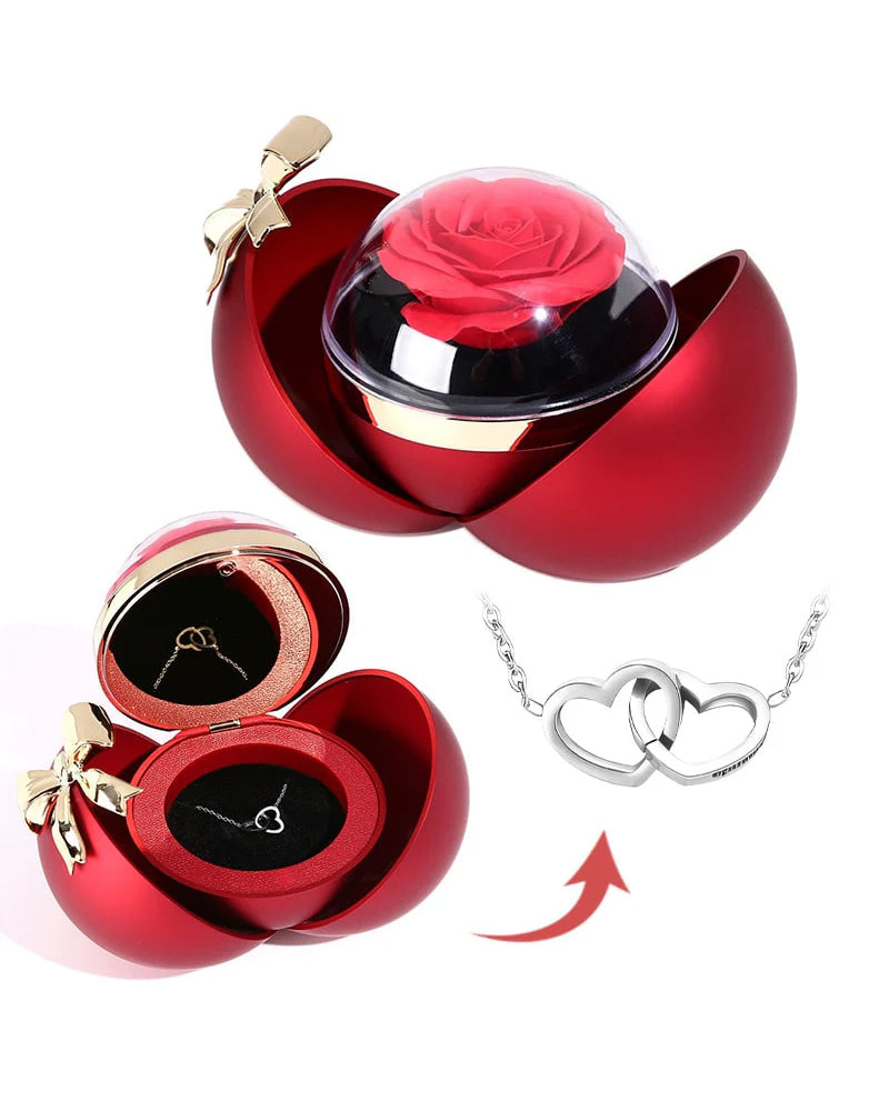 WILLLUXE® Round Rose Box - With Engraved Double Heart Necklace
