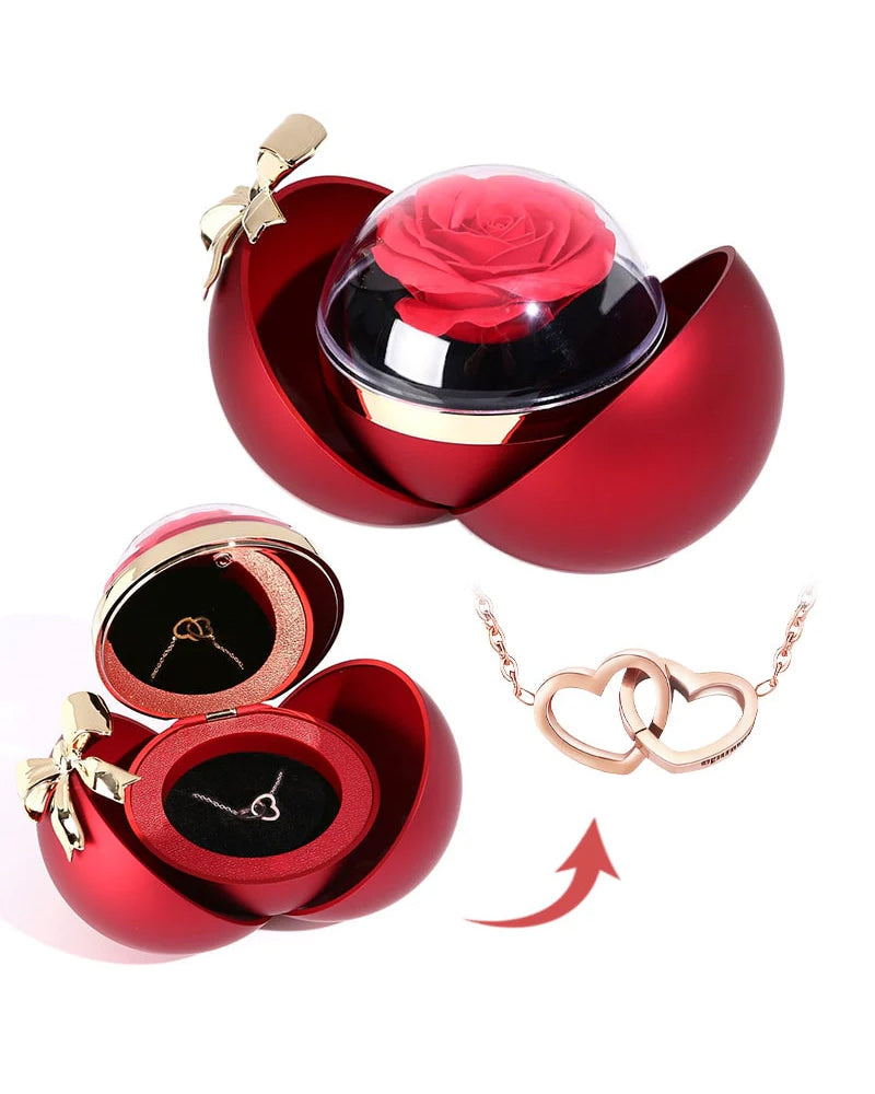 WILLLUXE® Round Rose Box - With Engraved Double Heart Necklace