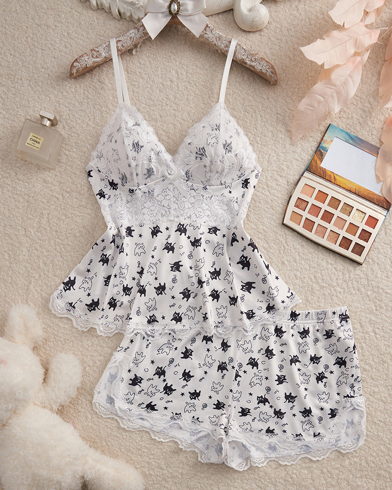 Willluxe® BlossomLace – Lace-Trim Cami & Shorts Pajama Set