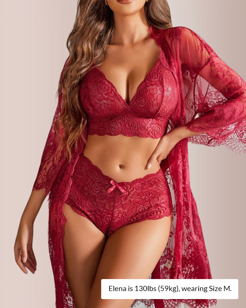 Willluxe® BlossomLace – 3-Piece Sheer Lace Sleepwear Set