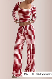 Willluxe® Women’s Stripe Square Neck Crop Top & Wide Leg Pants Set
