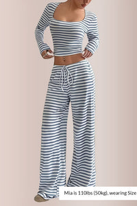 Willluxe® Women’s Stripe Square Neck Crop Top & Wide Leg Pants Set