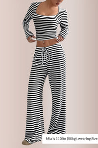 Willluxe® Women’s Stripe Square Neck Crop Top & Wide Leg Pants Set
