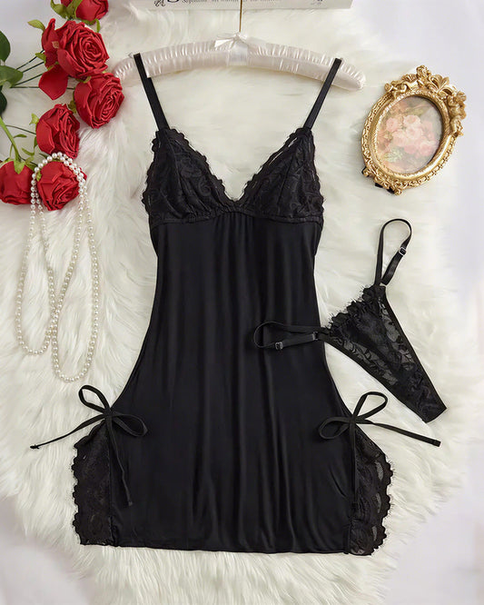 WILLLUXE® Lace Trim Cami Nightdress & Thong Set