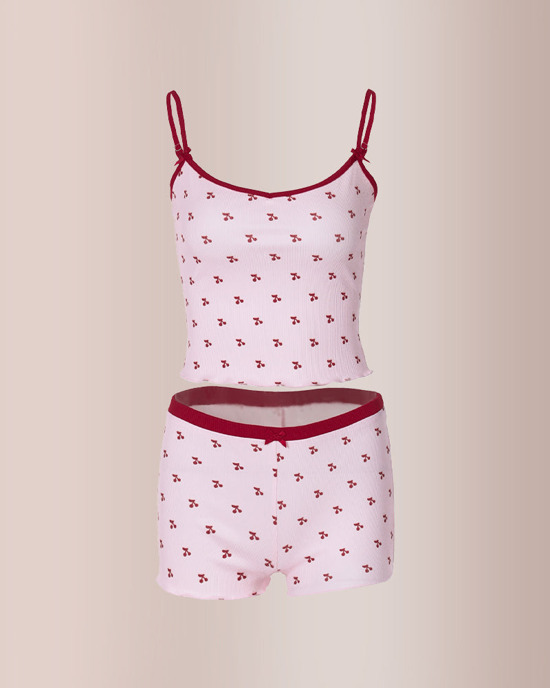 Willluxe® Women's Cherry Print Contrast Binding Pyjama Set