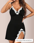 Willluxe® Lace Trim Deep V High Slit Babydoll Chemise Nightgown