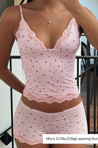 Willluxe® Dreamy Petal Pink Lace Patchwork Pajama Set