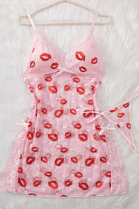 Willluxe® Kiss Print Lace Babydoll Lingerie Set