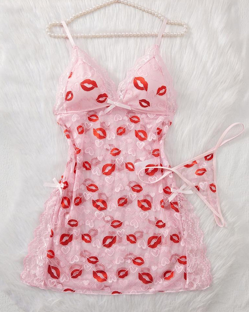 Willluxe® Kiss Print Lace Babydoll Lingerie Set