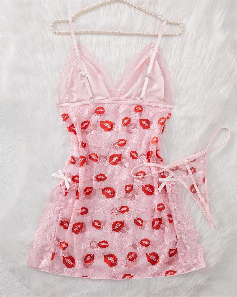 Willluxe® Kiss Print Lace Babydoll Lingerie Set