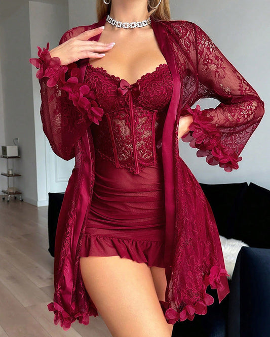 WILLLUXE® Midnight Bloom 2-piece sheer lace & floral lingerie set