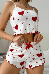 Willluxe® Sweetheart Ruffle Trim Ribbed Cami Pajama Set