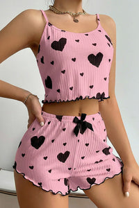 Willluxe® Sweetheart Ruffle Trim Ribbed Cami Pajama Set