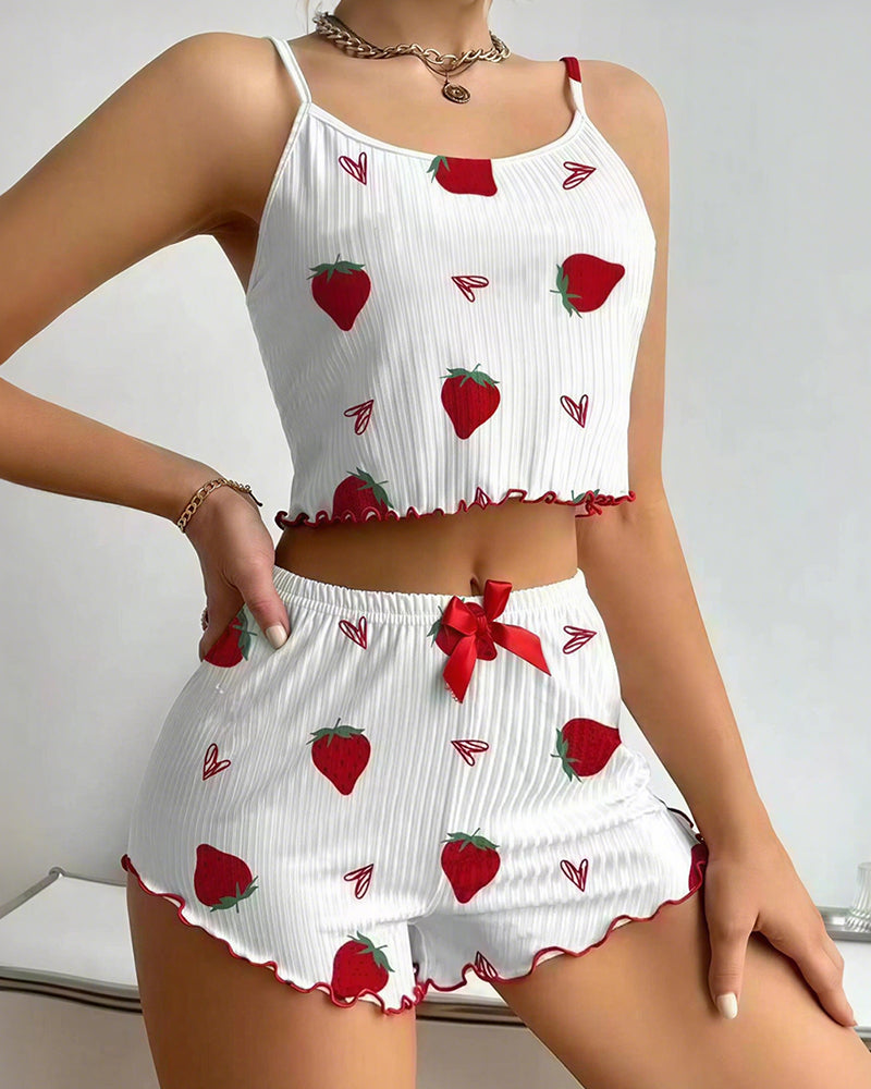 Willluxe® Sweetheart Ruffle Trim Ribbed Cami Pajama Set