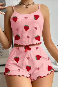 Willluxe® Sweetheart Ruffle Trim Ribbed Cami Pajama Set