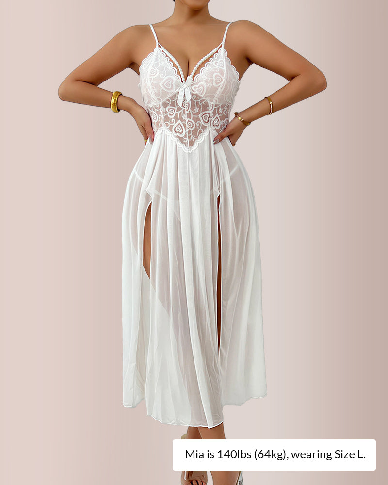 Willluxe® The Aphrodite Sheer Lace High-Slit Maxi Nightgown