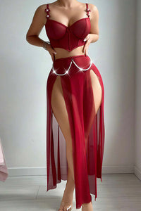 Willluxe® Sheer Mesh Corset Top & Double Slit Maxi Skirt Lingerie Set