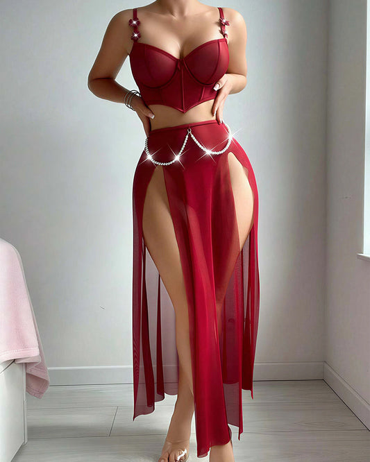 WILLLUXE® Sheer Mesh Corset Top & Double Slit Maxi Skirt Lingerie Set