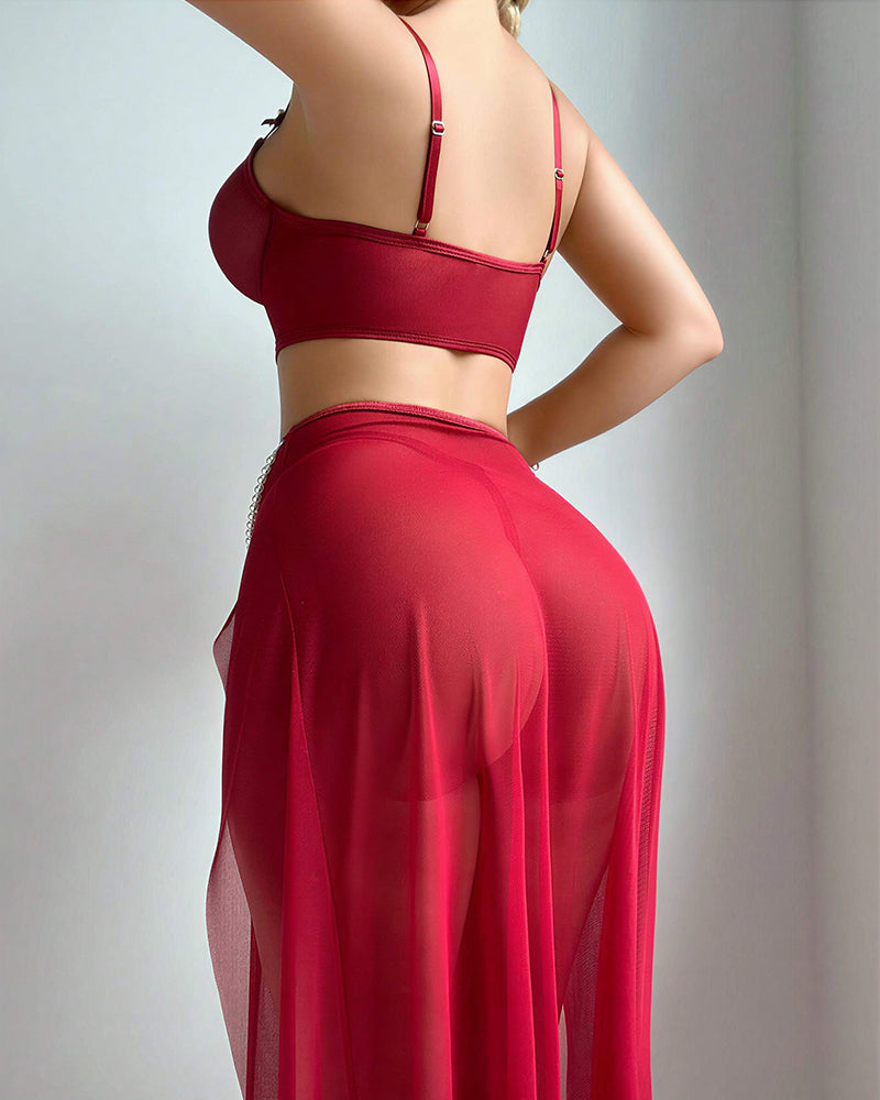 Willluxe® Sheer Mesh Corset Top & Double Slit Maxi Skirt Lingerie Set