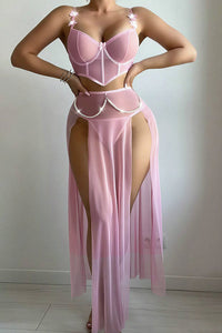 Willluxe® Sheer Mesh Corset Top & Double Slit Maxi Skirt Lingerie Set