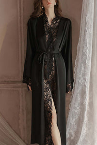 Willluxe® Soft Lace Trim Flared Long Sleeves Elegant Satin Robe