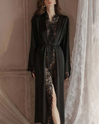 Willluxe® Soft Lace Trim Flared Long Sleeves Elegant Satin Robe
