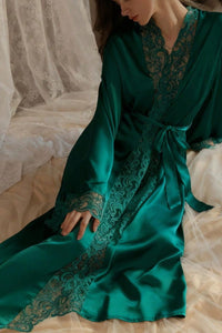 Willluxe® Soft Lace Trim Flared Long Sleeves Elegant Satin Robe