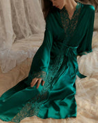 Willluxe® Soft Lace Trim Flared Long Sleeves Elegant Satin Robe