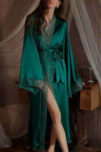 Willluxe® Soft Lace Trim Flared Long Sleeves Elegant Satin Robe