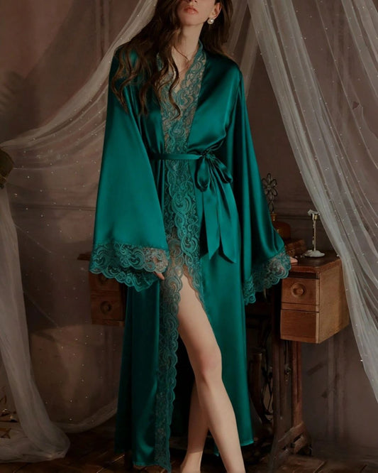 WILLLUXE® Elegant Satin Robe Soft Lace Trim Flared Long Sleeves Silky