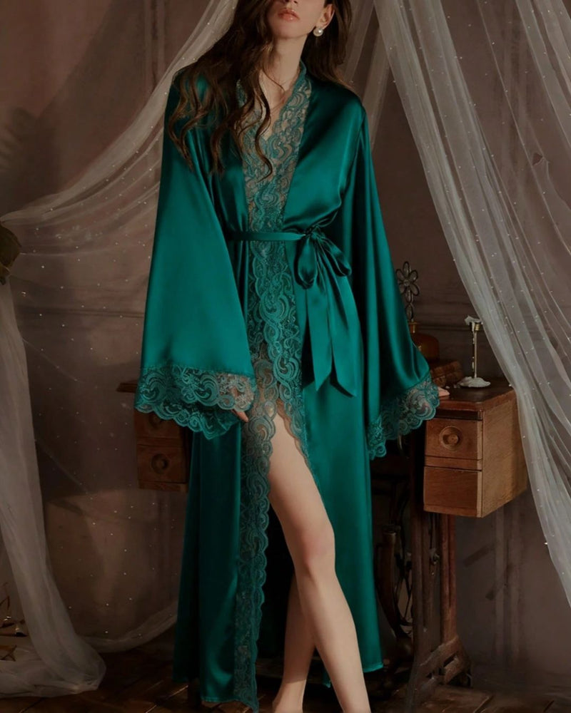 Willluxe® Soft Lace Trim Flared Long Sleeves Elegant Satin Robe