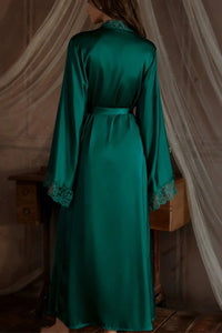 Willluxe® Soft Lace Trim Flared Long Sleeves Elegant Satin Robe
