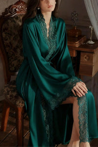 Willluxe® Soft Lace Trim Flared Long Sleeves Elegant Satin Robe