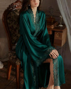 Willluxe® Soft Lace Trim Flared Long Sleeves Elegant Satin Robe