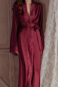 Willluxe® Soft Lace Trim Flared Long Sleeves Elegant Satin Robe